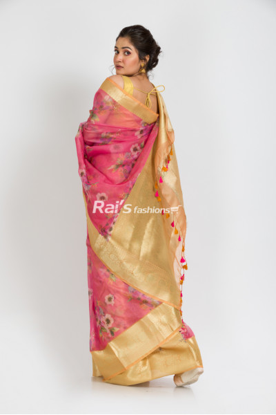 Handloom Organza Silk Saree With Traditional Benarasi Border And All Over Digital  Printed  (KR195)